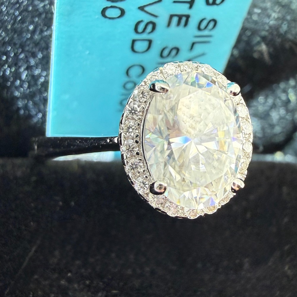 1.61ctw Oval Moissanite Halo Ring Sterling Silver VVSD Color Size 7 Engagement